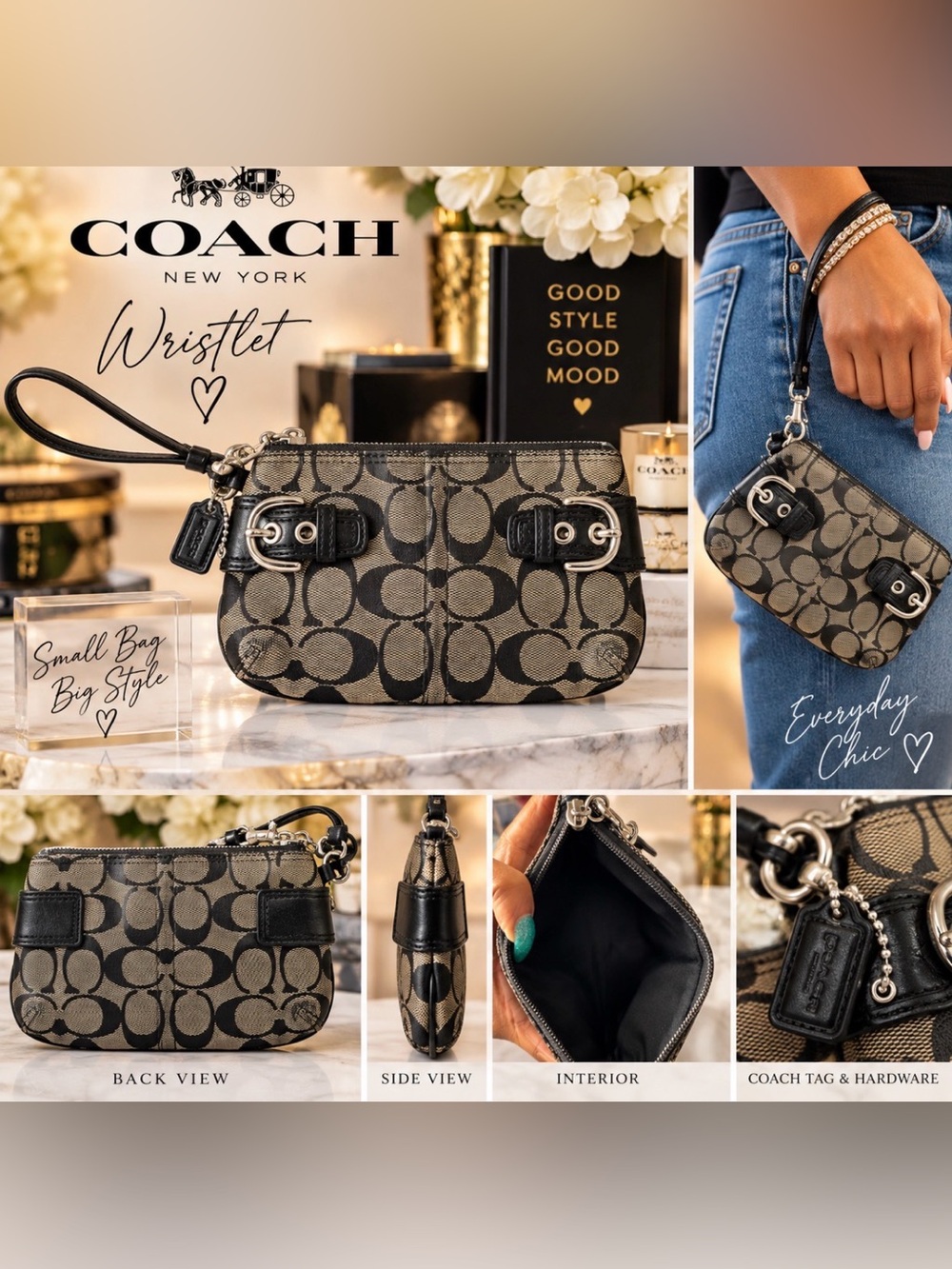 Coach Signature Canvas Wristlet in Black and Tan